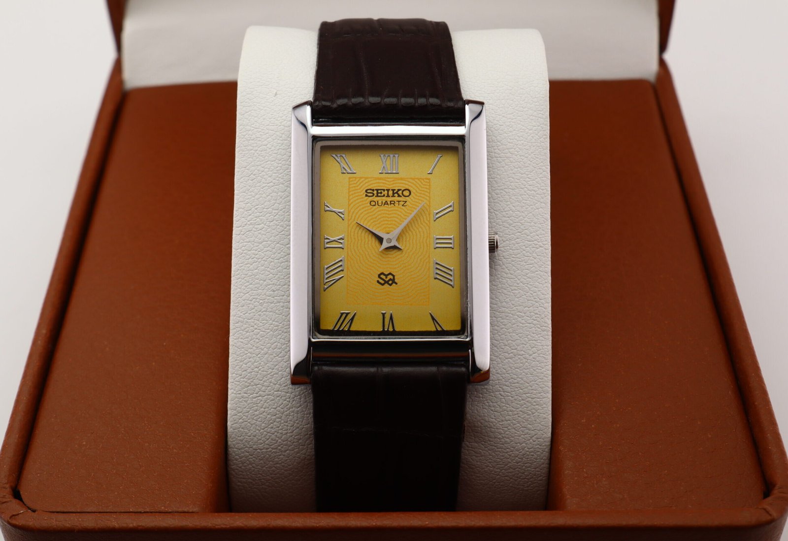 IMG_1723 Refurbished Vintage Seiko Slim Tank Men's Wrist Watch Yellow Dial With Dark Brown Strap - Image 1