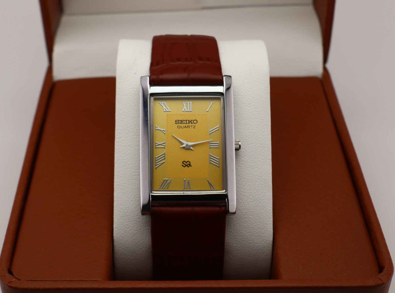 IMG_1775 Refurbished Vintage Seiko Slim Tank Men's Wrist Watch Yellow Dial With Light Brown Strap - Image 1