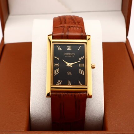 Refurbished Vintage Seiko Slim Tank Men's Wrist Watch Black Dial With Light Brown Strap