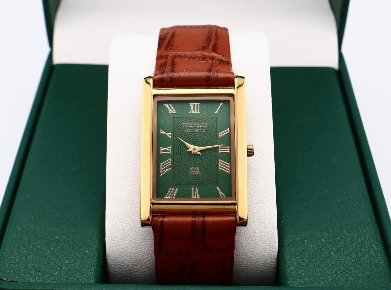 IMG_1968 Refurbished Vintage Seiko Slim Tank Men's Wrist Watch Green Dial With Light Brown Strap - Image 1