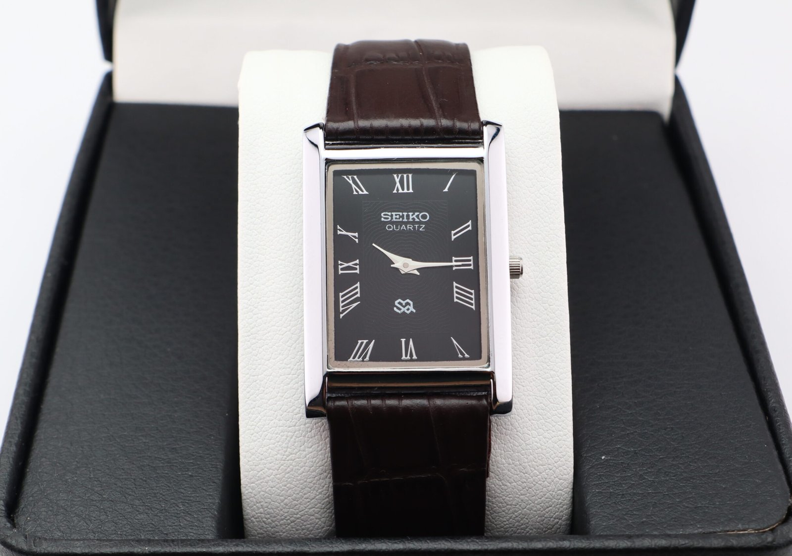 IMG_1738 Refurbished Vintage Seiko Slim Tank Men's Wrist Watch Black Dial With Dark Brown Strap - Image 1