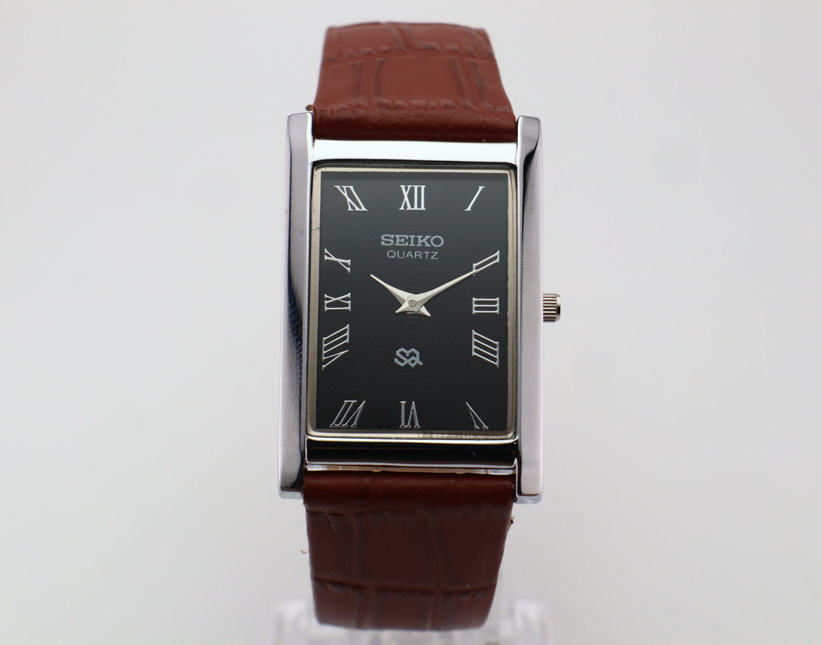 IMG_1778 Refurbished Vintage Seiko Slim Tank Men's Wrist Watch Black Dial With Light Brown Strap - Image 1
