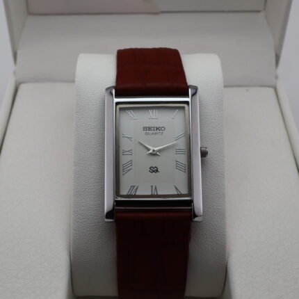 Refurbished Vintage Seiko Slim Tank Men's Wrist Watch White Dial With Light Brown Strap