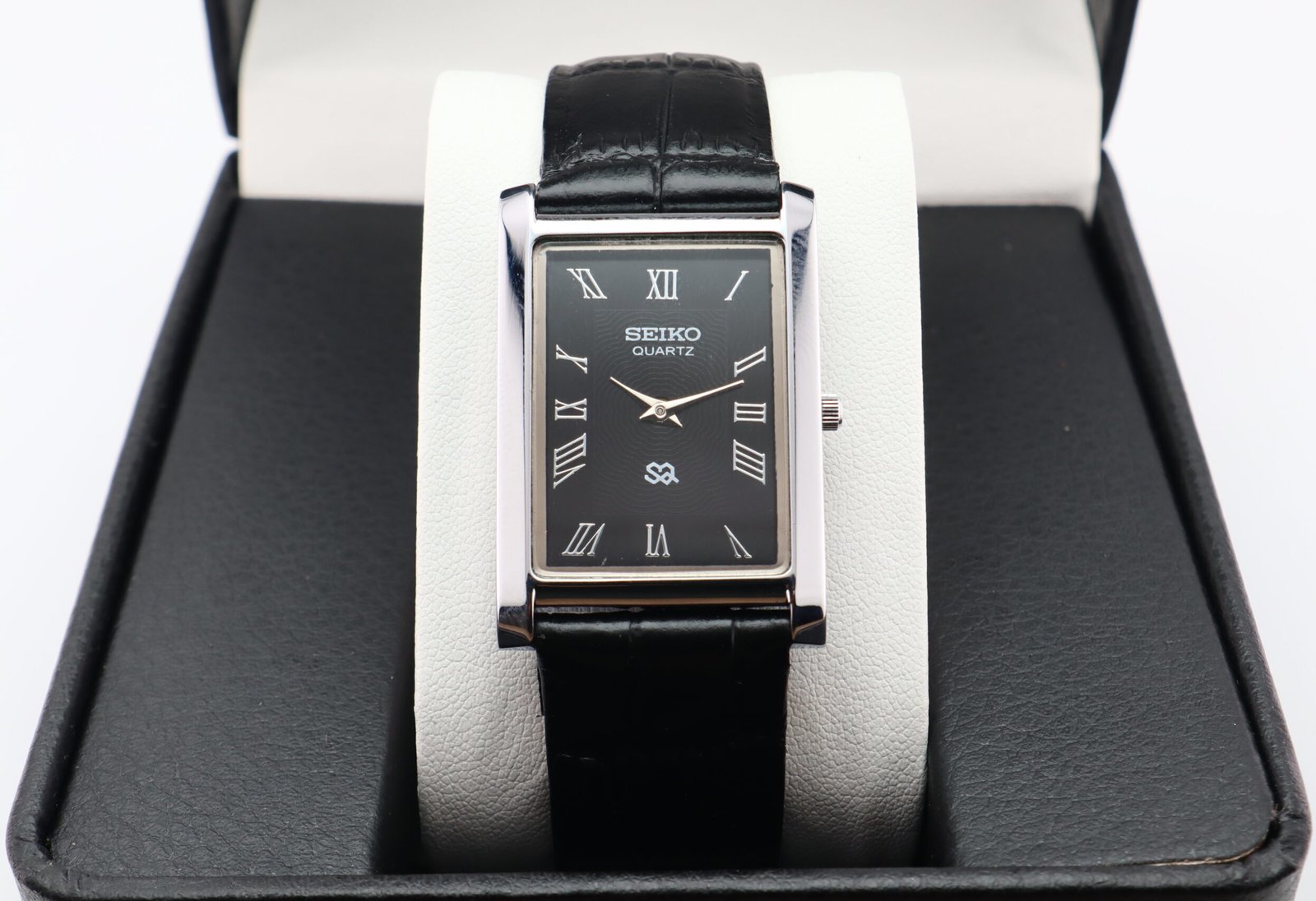 IMG_1840 Refurbished Vintage Seiko Slim Tank Men's Wrist Watch Black Dial With Black Strap - Image 1