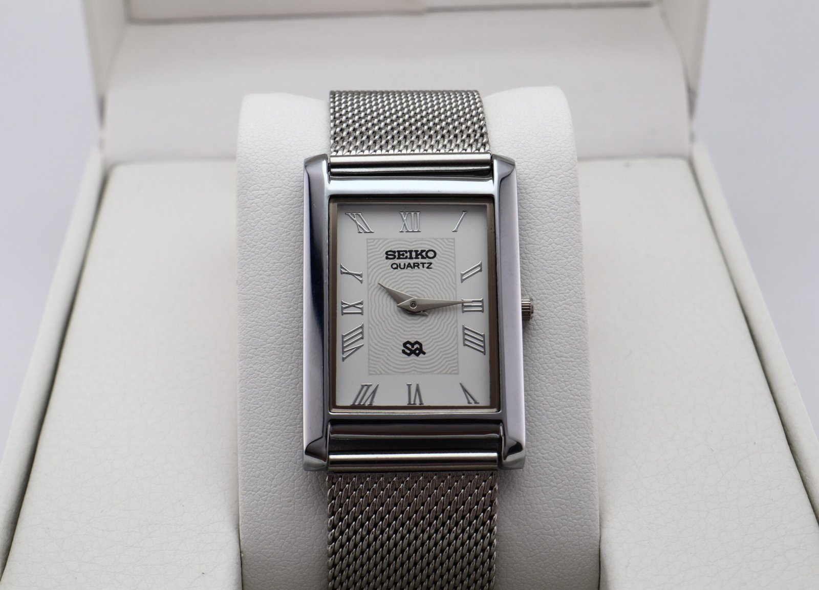 IMG_2352 Refurbished Vintage Seiko Slim Tank Men's Wrist Watch White Dial With Silver Mesh Band - Image 1