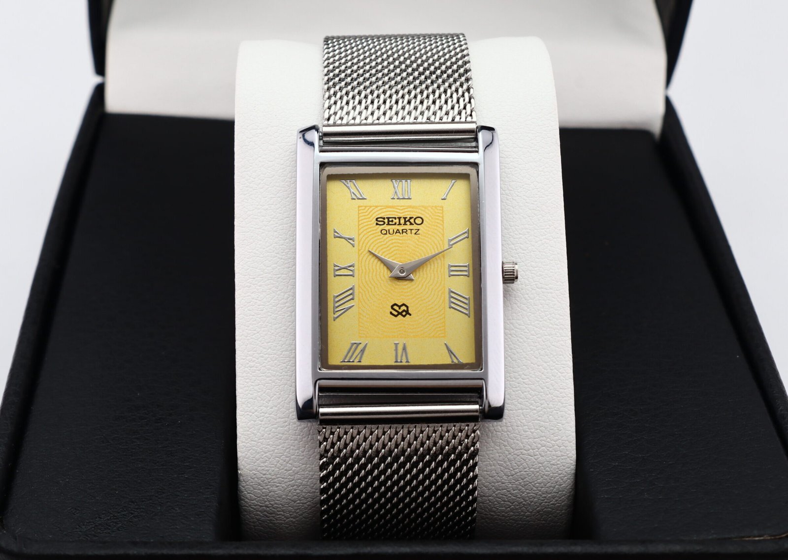 IMG_2360 Refurbished Vintage Seiko Slim Tank Men's Wrist Watch Yellow Dial With Silver Mesh Band - Image 1