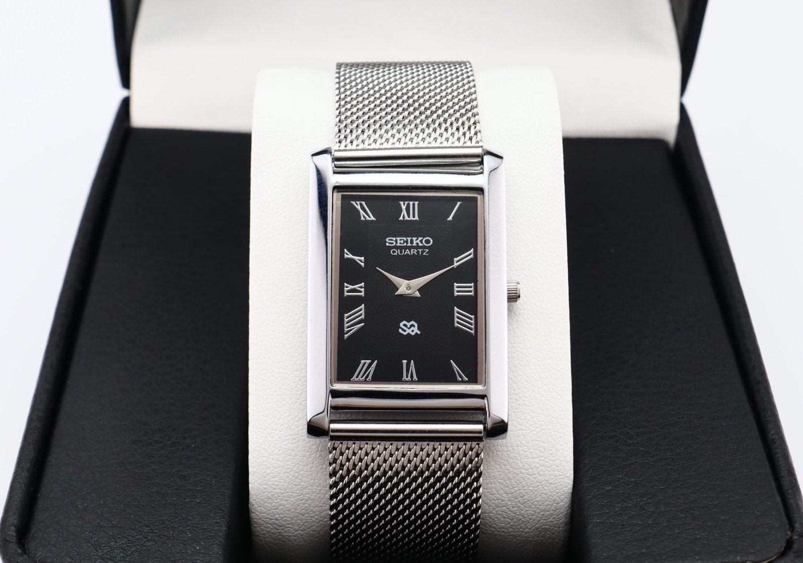 IMG_2383 Refurbished Vintage Seiko Slim Tank Men's Wrist Watch Black Dial With Silver Mesh Band - Image 1
