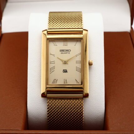 Refurbished Vintage Seiko Slim Tank Men's Wrist Watch Gold Dial With Gold Mesh Band