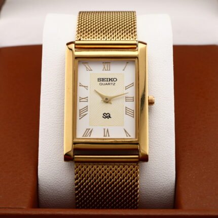Refurbished Vintage Seiko Slim Tank Men's Wrist Watch White Dial With Gold Mesh Band